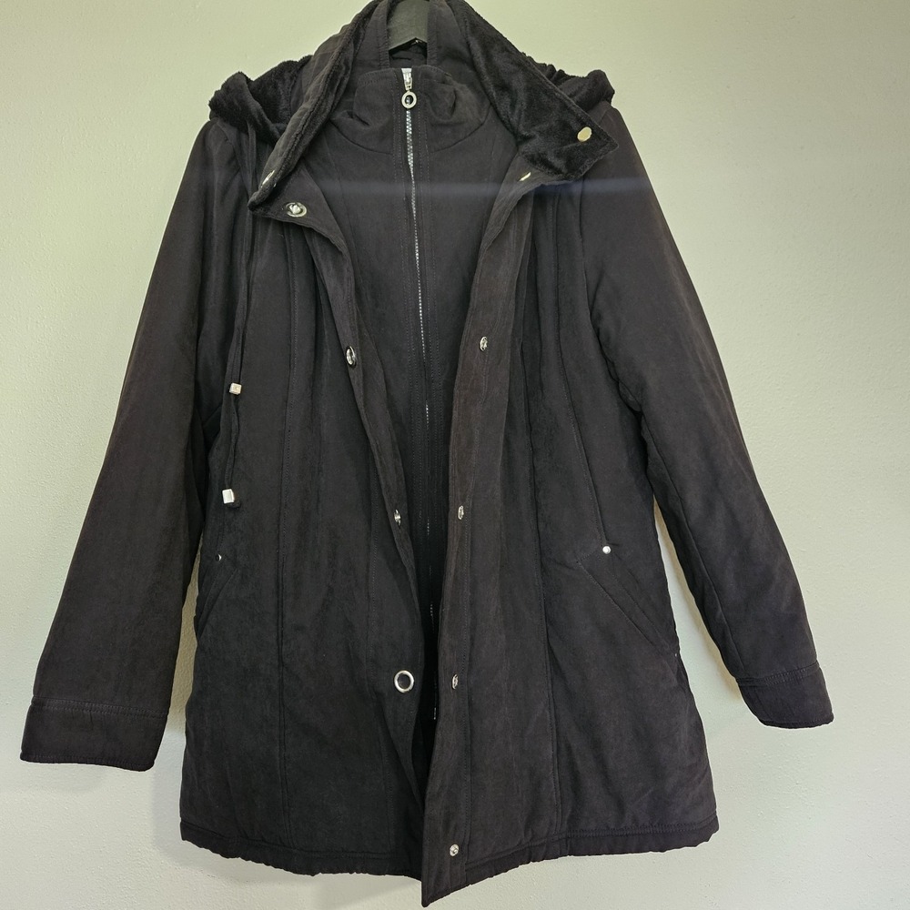 Breckenridge Womens XL Black Hooded Winter Parka Coat Faux Fur Lined Insulated - Picture 2 of 9